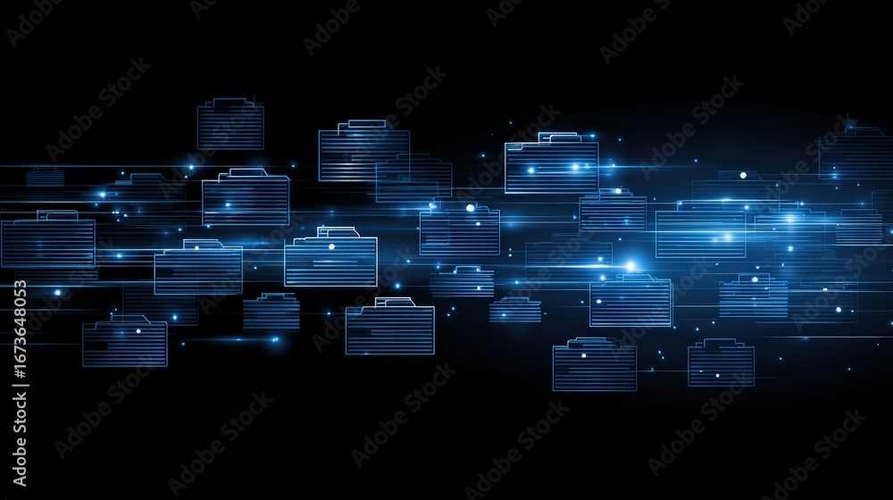 Poster abstract network grid with files and folders, futuristic software interface, digital document manage