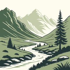 Fototapeta premium Serene mountain valley with a winding river and evergreen trees under a clear sky