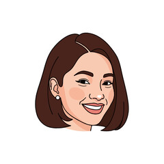 Illustration of a Smiling Woman with Brown Bob Haircut and Pearl Earrings