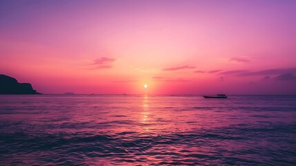 Naklejka premium Panoramic Sunset Gradients of Pink, Purple, and Orange Over Calm Sea, Mirroring Horizon, Distant Island Silhouettes, Soft Light Shifts, Serene Dreamy Ambiance, Minimalistic 8K Skyline
