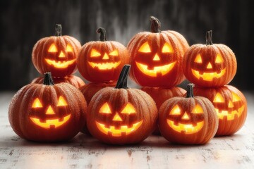 Eight glowing Jack Oa?? Lanterns with evil faces on white background