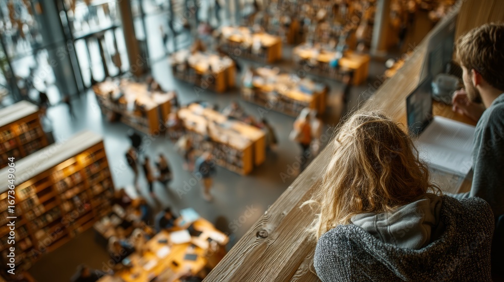 Poster students studying in a modern library from a high vantage point
