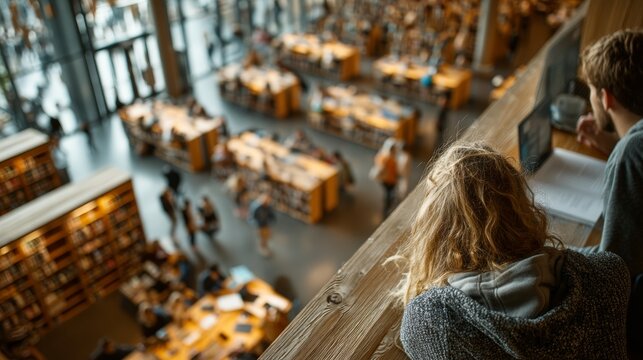 Students studying in a modern library from a high vantage point