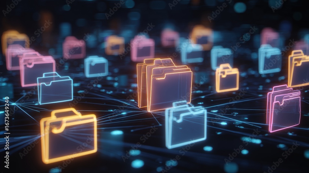 Poster abstract network grid with files and folders, futuristic software interface, digital document manage