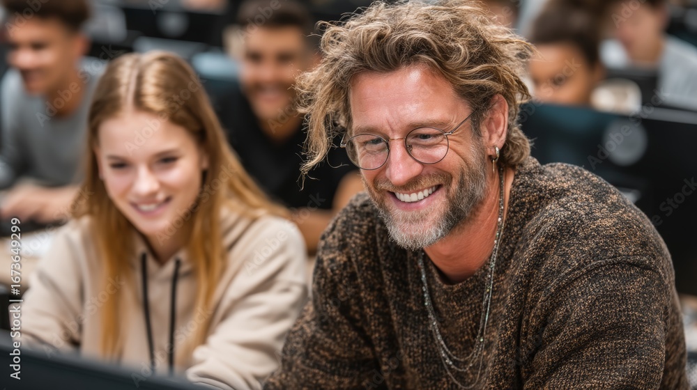 Poster smiling lecturer assists student during a collaborative project in a classroom