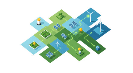 Isometric illustration of a smart grid network connecting renewable energy sources like wind turbines and solar panels for a sustainable future