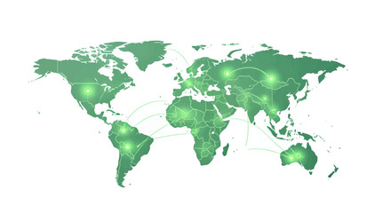 Digital illustration of a global network on a world map, symbolizing international communication and data exchange