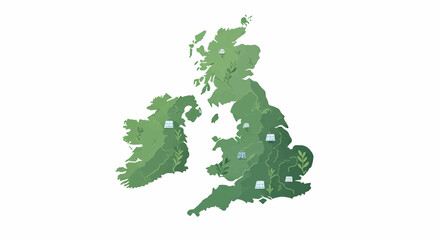 Illustration of the United Kingdom and Ireland map with green icons representing ecological conservation efforts