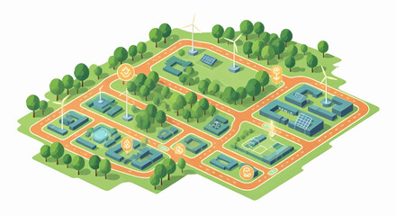 Sustainable urban planning concept featuring a green city with smart technology and clean energy infrastructure