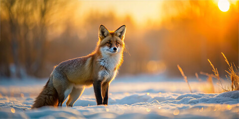 A fox with a bushy tail and alert posture is standing on snow-covered ground. The backdrop features a beautiful sunset casting warm hues over a serene winter scene