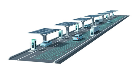 Conceptual view of a futuristic smart highway featuring solar panel canopies powering charging stations for a fleet of electric cars and trucks