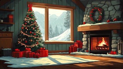 Cartoon anime style Christmas tree with presents living room scene illustration, green wallpaper background with window fireplace, simple design vibrant colors high resolution high detail festive deco