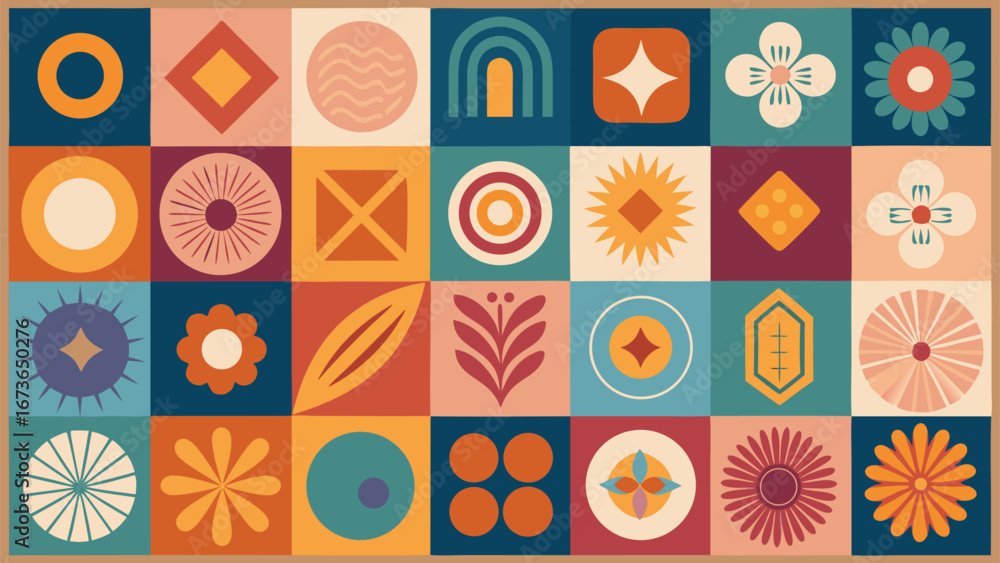 Poster an assortment of bright geometric patterns with different shapes and colors, creating a dynamic visu