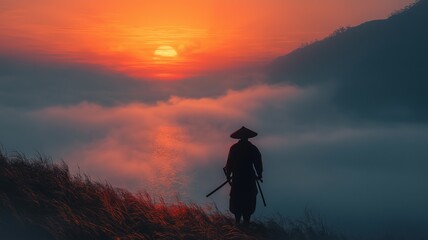 A lone warrior watches a vibrant sunrise over a misty valley, embracing the serenity.