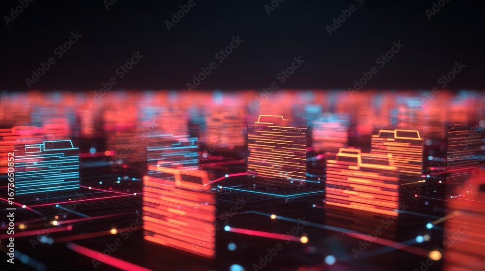 Poster abstract network grid with files and folders, futuristic software interface, digital document manage