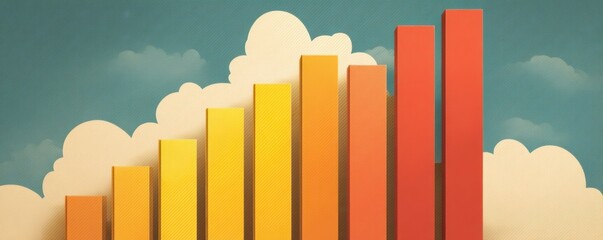 Colorful bar chart illustration against a blue sky with clouds