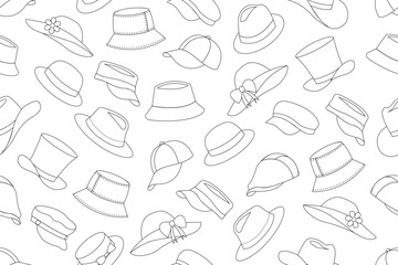 Seamless pattern of black outlines of different types of hats such as bucket hats, baseball caps, sun hats with bows and flowers, fedoras, wide-brimmed sun hats, and visors, on white background.