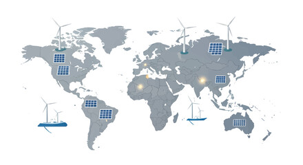 World map showcasing the integration of wind and solar energy for a global green power grid