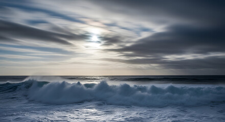 Dramatic ocean waves crashing under a cloudy sky creating a dynamic seascape scene