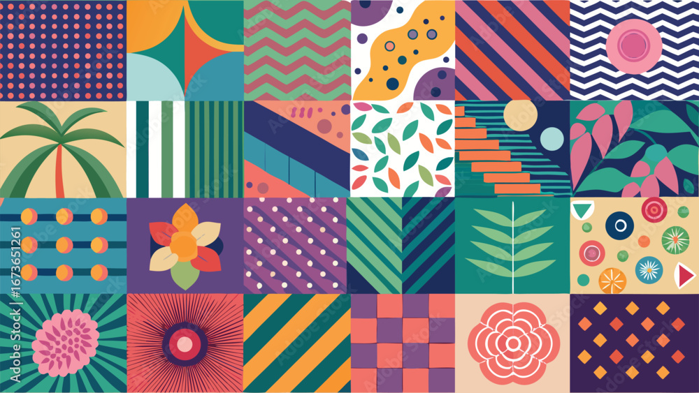 Poster set of bright and varied patterns in different colors, illustrating a rich tapestry of artistic desi