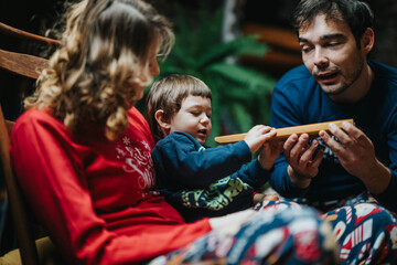 A joyful family sharing a moment of togetherness indoors, engaging in activities and creating a...