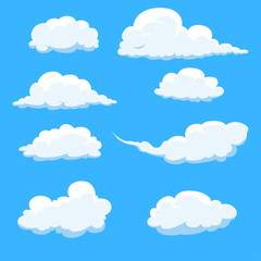 Cartoon vector illustration of fluffy white clouds set on blue sky background