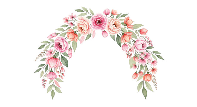 Watercolor floral arch with roses and peonies in soft pinks and greens. perfect for invitations, greeting cards, or elegant seasonal designs, şeffaf zeminde izole, png.
