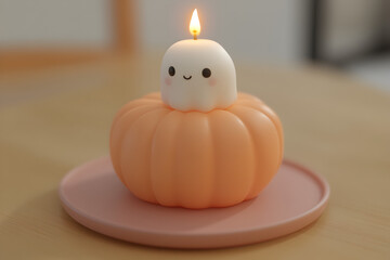 Cute ghost candle on an orange pumpkin on a pink plate. Autumn and Halloween concept for decoration and seasonal celebration.