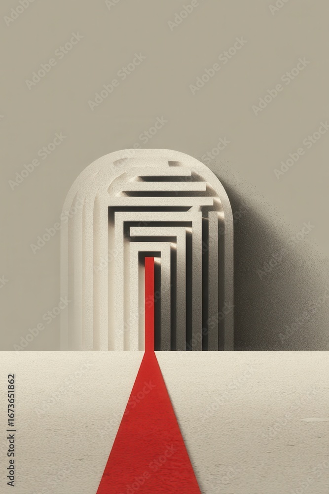 Poster abstract representation of a maze with red arrow leading forward