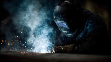 Fototapeta premium Skilled welder precision crafting metal in an industrial workshop