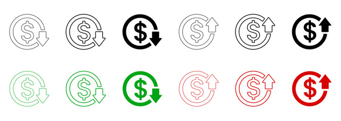 Set of dollar currency exchange up and down arrow icons in outline and solid styles, black, green, red, isolated on transparent background vector illustration