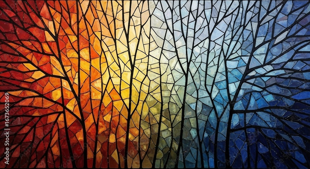 Poster abstract mosaic pattern of trees, warm to cool color spectrum