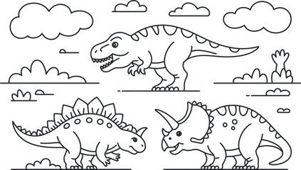 Cute Line Art Dinosaurs: T-Rex, Stego, Trike, Childrens Illustration