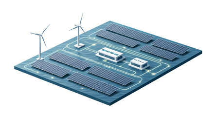 Sustainable Energy Farm with Solar Panels and Wind Turbines on a Grid