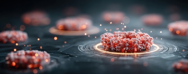 Futuristic depiction of molecular structures featuring vibrant glowing particles
