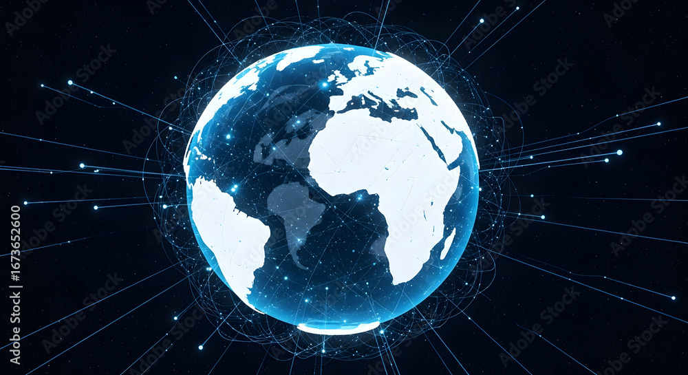 Poster global network connection representing worldwide communication and data transfer in digital space