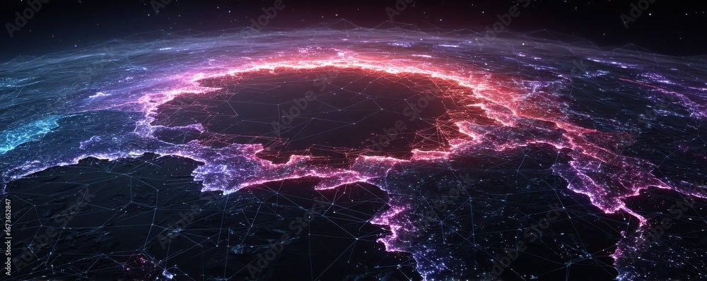 Poster abstract visualization of digital networks forming vibrant interconnected pathways
