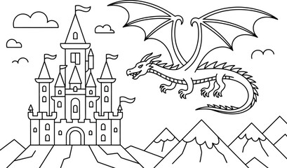 Fairytale Dragon Soaring Over Majestic Castle and Mountains: Line Art Illustration © Mdaminul