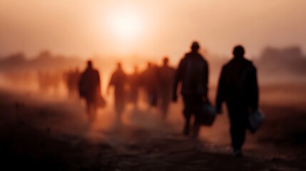 Fototapeta premium Migrant laborers walking to work at sunrise