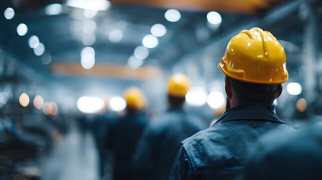Factory workers in safety gear carrying out organized industrial routine