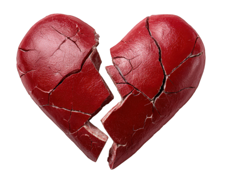 Cracked red heart symbolizing emotional pain, heartbreak, sadness, and loss, isolated on transparency background, photorealistic style, dramatic and expressive visual element