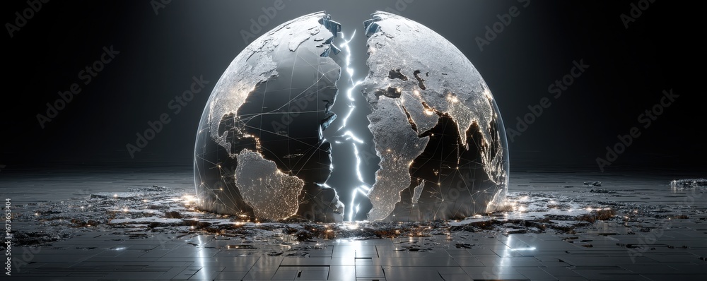 Poster illuminated globe splitting apart concept with technological and geopolitical themes
