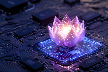 Glowing lotus flower with light dots on a circuit board, symbolizing artificial intelligence brain and consciousness