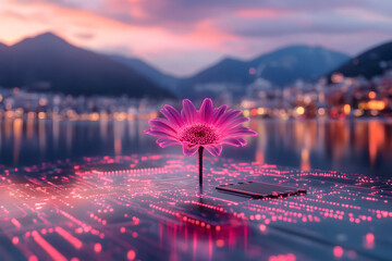 Pink flower, circuit board, and scenic mountain view at sunset. Combining nature and technology. Digital innovation.