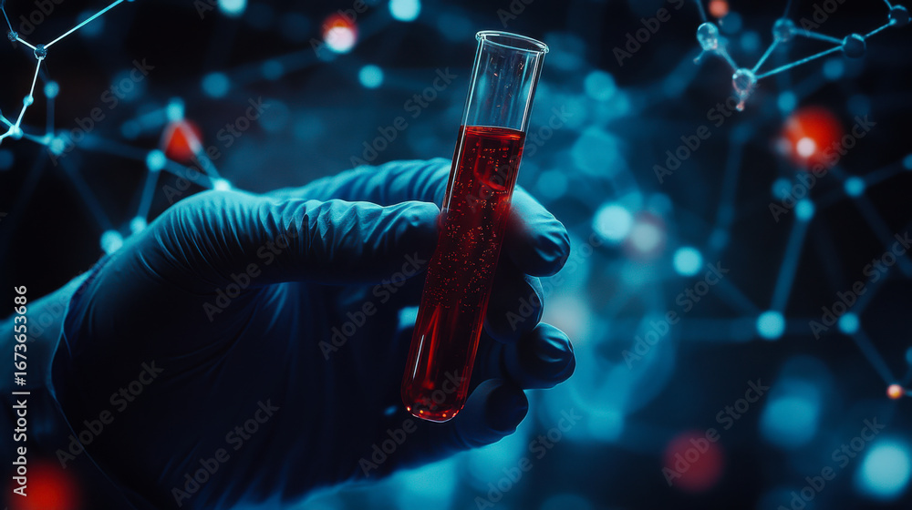 Poster scientist experimenting with glowing liquid in laboratory setting during night hours
