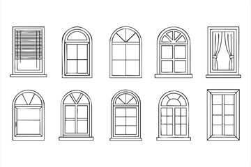 Classic and Modern Window Frame Icons Set in Line Vector