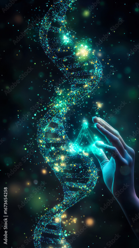 Poster visual representation of dna helix with glowing particles and a human touch in a dark cosmic environ