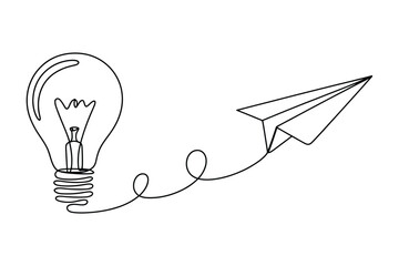 Minimalist single line drawing of a light bulb connected by a dashed line to a paper airplane symbolizing innovation and creativity
