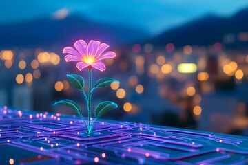 A vibrant glowing flower grows from a digital circuit board with a blurred cityscape in the background. Technology and nature innovation, sustainability concept.
