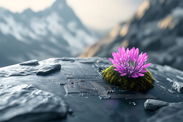 Pink flower grows from green moss on intricate circuit board in mountain landscape. Nature and technology blend, sustainability.